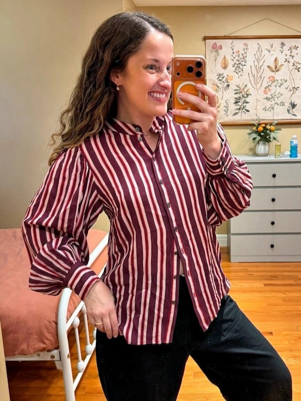 Boden Silk Striped Button Down in Red & White 8 Burgundy